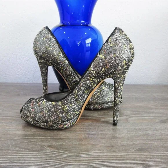 Near New Casadei Stiletto High Heels Peep Toe 9 Black Silver - Picture 6 of 16